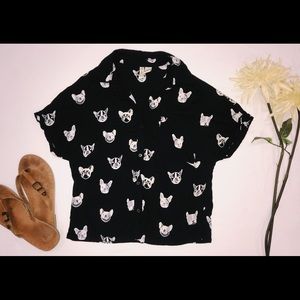 Puppy Patterned Button Up Cropped Shirt